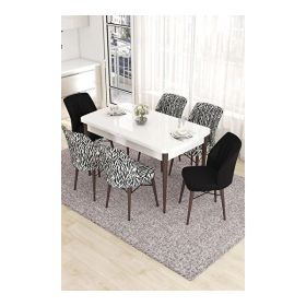 Canisa Eva Serisi 80x132 Açılabilir MDF Beyaz Ceviz Ayak Mutfak Masası ve 2 Siyah 4 Zebra Desen Sandalye