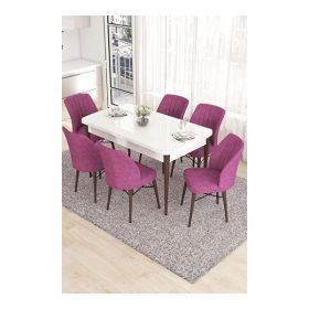 Canisa Eva Serisi 80x132 Açılabilir MDF Beyaz Ceviz Ayak Mutfak Masası ve Mor 6 Sandalye