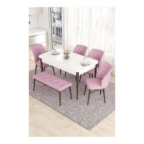 Canisa Eva Serisi 80x132 Açılabilir MDF Beyaz Ceviz Ayak Mutfak Masası ve Pembe 4 Sandalye 1 Bench