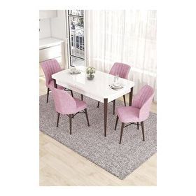 Canisa Eva Serisi 80x132 Açılabilir MDF Beyaz Ceviz Ayak Mutfak Masası ve Pembe 4 Sandalye