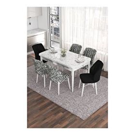 Canisa Eva Serisi 80x132 Açılabilir MDF Beyaz Mermer Desen Mutfak Masası ve 2 Siyah 4 Zebra Sandalye