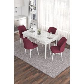 Canisa Eva Serisi 80x132 Açılabilir MDF Beyaz Mermer Desen Mutfak Masası ve Bordo 4 Sandalye