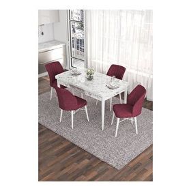 Canisa Eva Serisi 80x132 Açılabilir MDF Beyaz Mermer Desen Mutfak Masası ve Bordo 4 Sandalye