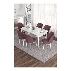 Canisa Eva Serisi 80x132 Açılabilir MDF Beyaz Mermer Desen Mutfak Masası ve Gül Kurusu 6 Sandalye