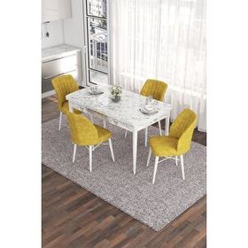 Canisa Eva Serisi 80x132 Açılabilir MDF Beyaz Mermer Desen Mutfak Masası ve Hardal 4 Sandalye