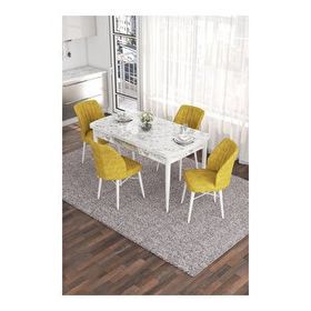 Canisa Eva Serisi 80x132 Açılabilir MDF Beyaz Mermer Desen Mutfak Masası ve Hardal 4 Sandalye