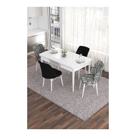 Canisa Eva Serisi 80x132 Açılabilir MDF Beyaz Mutfak Masası ve 2 Siyah 2 Zebra Sandalye