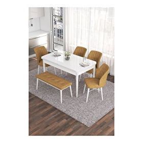Canisa Eva Serisi 80x132 Açılabilir MDF Beyaz Mutfak Masası ve Cappucino 4 Sandalye 1 Bench