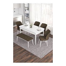 Canisa Eva Serisi 80x132 Açılabilir MDF Beyaz Mutfak Masası ve Kahverengi 4 Sandalye 1 Bench