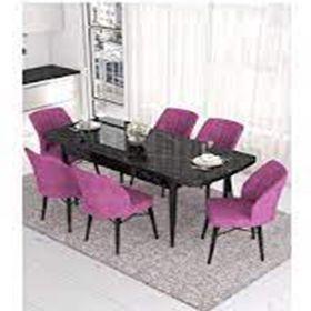 Canisa Eva Serisi 80x132 Açılabilir MDF Siyah Mermer Desen Mutfak Masası ve Mor 6 Sandalye