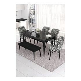 Canisa Eva Serisi 80x132 Açılabilir MDF Siyah Mermer Desen Mutfak Masası ve Siyah 4 Sandalye 1 Zebra Desen Bench