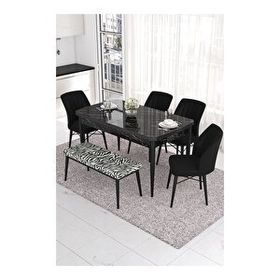 Canisa Eva Serisi 80x132 Açılabilir MDF Siyah Mermer Desen Mutfak Masası ve Siyah 4 Sandalye 1 Zebra Desen Bench