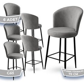Canisa Fora Serisi 6 Adet Gri 1. Sınıf Babyface Kumaş Siyah Metal Ayaklı Bar Sandalyesi