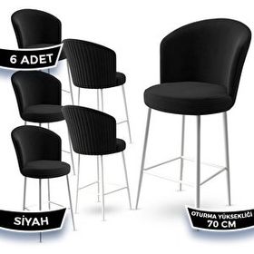 Canisa Fora Serisi 6 Adet Siyah 1. Sınıf Babyface Kumaş Beyaz Metal Ayaklı Bar Sandalyesi