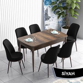 Canisa Han Serisi 70x114 Açılabilir Mdf Barok Ahşap Desen Masa Takımı ve 6 Adet Siyah Sandalye