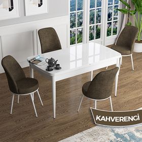 Canisa Han Serisi 70x114 Açılabilir Mdf Beyaz Masa Takımı ve 4 Adet Kahverengi Sandalye