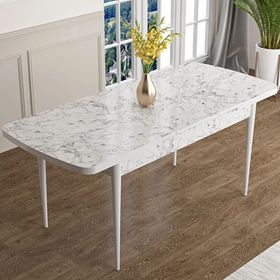 Canisa Han Serisi 70x114 Açılabilir Mdf Beyaz Mermer Desen Masa Takımı ve 4 Adet Siyah Sandalye