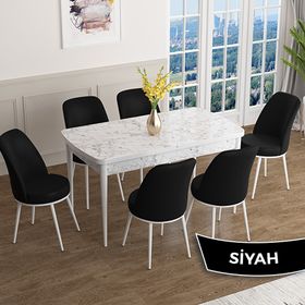 Canisa Han Serisi 70x114 Açılabilir Mdf Beyaz Mermer Desen Masa Takımı ve 6 Adet Siyah Sandalye