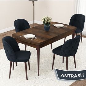 Canisa Jae Serisi 80x132 Açılabilir Barok Ahşap Desen Mutfak Masası Takımı ve 4 Adet Antrasit Sandalye