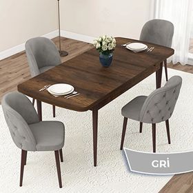 Canisa Jae Serisi 80x132 Açılabilir Barok Ahşap Desen Mutfak Masası Takımı ve 4 Adet Gri Sandalye