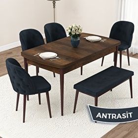 Canisa Jae Serisi 80x132 Açılabilir Barok Ahşap Desen Mutfak Masası Takımı ve 4 Antrasit Sandalye ve Antrasit 1 Bench
