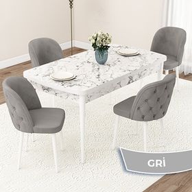 Canisa Jae Serisi 80x132 Açılabilir Beyaz Mermer Desen Mutfak Masası Takımı ve 4 Adet Gri Sandalye