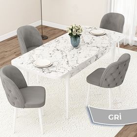 Canisa Jae Serisi 80x132 Açılabilir Beyaz Mermer Desen Mutfak Masası Takımı ve 4 Adet Gri Sandalye