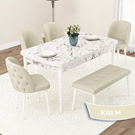 Canisa Jae Serisi 80x132 Açılabilir Beyaz Mermer Desen Mutfak Masası Takımı ve 4 Krem Sandalye ve Krem 1 Bench