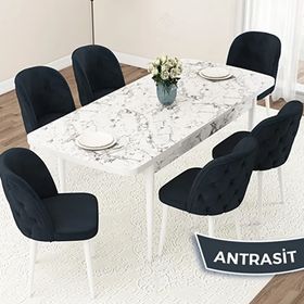 Canisa Jae Serisi 80x132 Açılabilir Beyaz Mermer Desen Mutfak Masası Takımı ve 6 Adet Antrasit Sandalye
