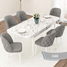 Canisa Jae Serisi 80x132 Açılabilir Beyaz Mermer Desen Mutfak Masası Takımı ve 6 Adet Gri Sandalye