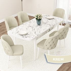 Canisa Jae Serisi 80x132 Açılabilir Beyaz Mermer Desen Mutfak Masası Takımı ve 6 Adet Krem Sandalye