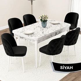 Canisa Jae Serisi 80x132 Açılabilir Beyaz Mermer Desen Mutfak Masası Takımı ve 6 Adet Siyah Sandalye