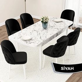 Canisa Jae Serisi 80x132 Açılabilir Beyaz Mermer Desen Mutfak Masası Takımı ve 6 Adet Siyah Sandalye