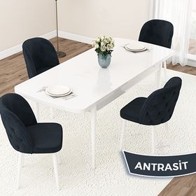 Canisa Jae Serisi 80x132 Açılabilir Beyaz Mutfak Masası Takımı ve 4 Adet Antrasit Sandalye
