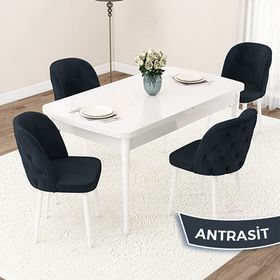 Canisa Jae Serisi 80x132 Açılabilir Beyaz Mutfak Masası Takımı ve 4 Adet Antrasit Sandalye