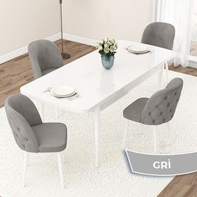 Canisa Jae Serisi 80x132 Açılabilir Beyaz Mutfak Masası Takımı ve 4 Adet Gri Sandalye