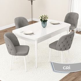 Canisa Jae Serisi 80x132 Açılabilir Beyaz Mutfak Masası Takımı ve 4 Adet Gri Sandalye