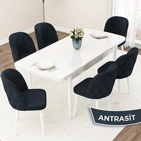 Canisa Jae Serisi 80x132 Açılabilir Beyaz Mutfak Masası Takımı ve 6 Adet Antrasit Sandalye