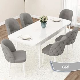 Canisa Jae Serisi 80x132 Açılabilir Beyaz Mutfak Masası Takımı ve 6 Adet Gri Sandalye