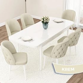 Canisa Jae Serisi 80x132 Açılabilir Beyaz Mutfak Masası Takımı ve 6 Adet Krem Sandalye