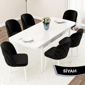 Canisa Jae Serisi 80x132 Açılabilir Beyaz Mutfak Masası Takımı ve 6 Adet Siyah Sandalye