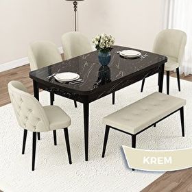 Canisa Jae Serisi 80x132 Açılabilir Siyah Mermer Desen Mutfak Masası Takımı ve 4 Krem Sandalye ve Krem 1 Bench