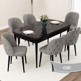 Canisa Jae Serisi 80x132 Açılabilir Siyah Mermer Desen Mutfak Masası Takımı ve 6 Adet Gri Sandalye
