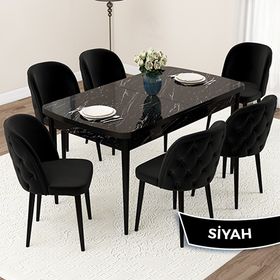 Canisa Jae Serisi 80x132 Açılabilir Siyah Mermer Desen Mutfak Masası Takımı ve 6 Adet Siyah Sandalye