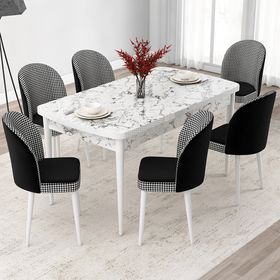 Canisa Jul Serisi 80x132 Açılabilir Beyaz Mermer Desen Mutfak Masası Takımı ve 6 Adet Kazayağı Desen Sandalye