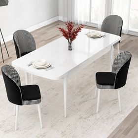 Canisa Jul Serisi 80x132 Açılabilir Beyaz Mutfak Masası Takımı ve 4 Adet Kazayağı Desen Sandalye