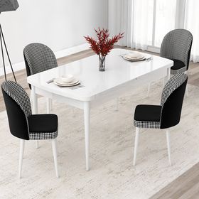 Canisa Jul Serisi 80x132 Açılabilir Beyaz Mutfak Masası Takımı ve 4 Adet Kazayağı Desen Sandalye