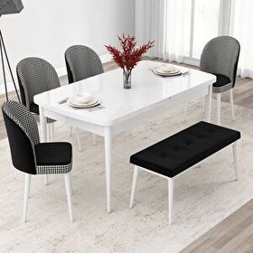 Canisa Jul Serisi 80x132 Açılabilir Beyaz Mutfak Masası Takımı ve 4 Kazayağı Desen Sandalye ve 1 Bench