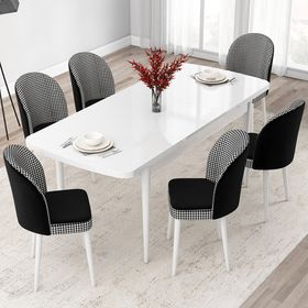 Canisa Jul Serisi 80x132 Açılabilir Beyaz Mutfak Masası Takımı ve 6 Adet Kazayağı Desen Sandalye