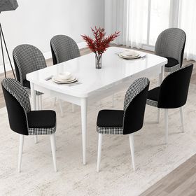Canisa Jul Serisi 80x132 Açılabilir Beyaz Mutfak Masası Takımı ve 6 Adet Kazayağı Desen Sandalye